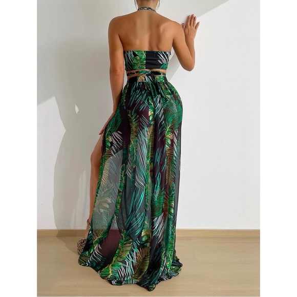 Green Tropical Bikini Swimsuit with Matching Beach Skirt Set- NEW - Picture 2 of 3